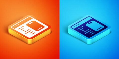 Isometric Software, web developer programming code icon isolated on orange and blue background. Javascript computer script random parts of program code. Vector