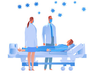 Illustration of two doctors with a virus-stricken patient in a hospital bed. 3d imitating bright flat colors style on white background. Health.