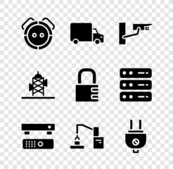 Sticker - Set Robot vacuum cleaner, Delivery cargo truck, Security camera, Multimedia and TV box, Robotic robot arm hand factory, Electric plug, Antenna and Safe combination lock icon. Vector