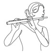 Silhouette of a beautiful woman with a flute in a modern continuous line style. Flute girl, slender. Continuous line drawing, decor aesthetic outline, posters, stickers, logo. Vector illustration.