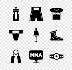 Wall Mural - Set Fitness shaker, Boxing short, T-shirt with fight club MMA, Sport expander, Fight, belt, Groin guard and Ringing bell icon. Vector