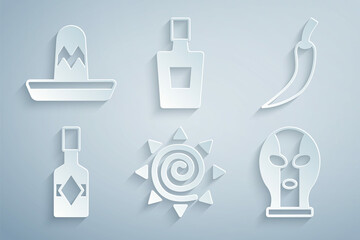 Poster - Set Sun, Hot chili pepper pod, Tabasco sauce, Mexican wrestler, Tequila bottle and sombrero icon. Vector