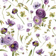 Seamless pattern with purple flowers. Repeating background with elements of watercolor poppy flowers, ranunculus, anemones, fern leaves. Garden style texture for paper or textile