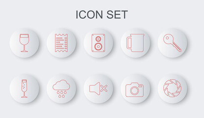 Sticker - Set line Camera shutter, Glass of champagne, Stereo speaker, Photo camera, Wine glass, Paper or financial check, Cloud with rain and Speaker mute icon. Vector