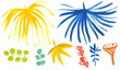 Collection of tropical branches and leaves painted in gouache with bright colors with a dry brush isolated on a white background for the design of summer fabrics and other