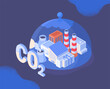 Carbon capture concept. Environmental pollution, global ecological problems. Incorrect waste treatment, manufacture. Abstract image of factory. Poster or banner. Cartoon volumetric vector illustration