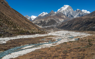 Wall Mural - view to valley khumbu and wide river between mountains in autumn day in nepal