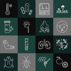 Sticker - Set line Orange fruit, Bacteria, Runny nose, Monitor with cardiogram, Flower producing pollen, Medicine bottle and pills, Medical digital thermometer and icon. Vector