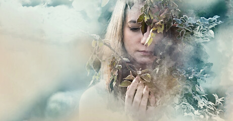 Portrait of young sexy woman standing in winter garden behind a rose bush with frost on leaves, photo artistically processed in the style of a watercolor painting