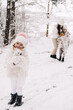 © Олег Кошевський - Mom with two little daughters, dressed in white warm clothes, walking in the snowy forest. Christmas theme.