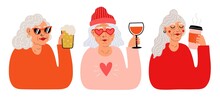 Vector Set With Old Women With Drinks. Coffee To Go Cup, Glass Of Red Wine And Beer. Trendy Print Design Collection, Sticker Templates