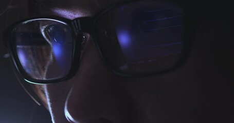 4K Video Close up macro asian eye with eyeglass with coding reflection. Concept for coding and programming.