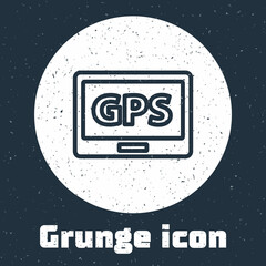 Poster - Grunge line Gps device with map icon isolated on grey background. Monochrome vintage drawing. Vector Illustration