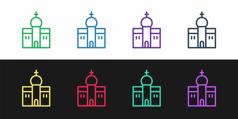 Poster - Set line Church building icon isolated on black and white background. Christian Church. Religion of church. Vector