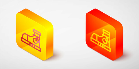 Wall Mural - Isometric line Fitness sneakers shoes for training, running icon isolated on grey background. Sport shoes. Yellow and orange square button. Vector