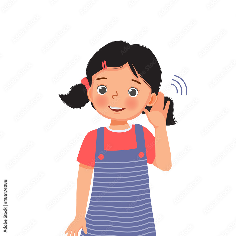 cute little girl with hearing problem try listening carefully by putting  her hand to ear Stock Vector | Adobe Stock, image size:1000x1000
