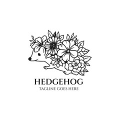 Wall Mural - Hedgehog logo vector,  hedgehog with flower design silhouette