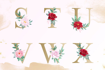 Wall Mural - Watercolor floral alphabet set of s, t, u, v, w, x with hand drawn Flower and Leaves