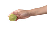 Fototapeta Mapy - Hand squeeze green lime on white background