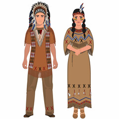 Wall Mural - Woman and man in folk national Native Americans costumes. Vector illustration