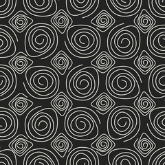  Black background and white coils seamless pattern. Vector.
