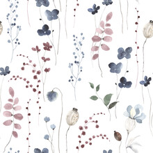 Floral Seamless Pattern With Delicate Flowers, Branches And Plants, Watercolor Illustration Blue And Burgundy Colors For Textile Or Wallpapers On White Background.