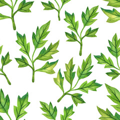 Wall Mural - Floral background with leaves watercolor in hand drawn style. Spring leaves seamless pattern on white. Foliage  illustration for paper, textile, wrapping and wallpaper.