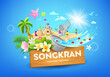 Songkran thailand festival, water in bowl, sand pile with thai flower, female play sand pagoda on blue background, EPS 10 vector illustration
