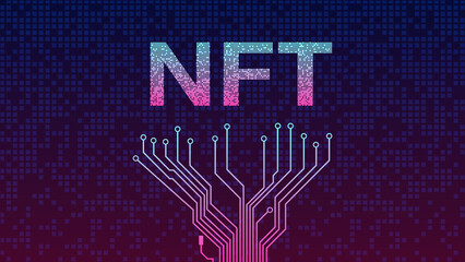 Wall Mural - pcb tracks on bottom and crumbled text ntf non fungible token from falling golden cubes. fragmented 