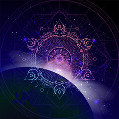 Wall Mural - Vector illustration of Sacred geometric symbol against the space background with sunrise and stars.