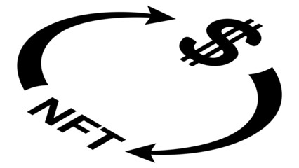 Canvas Print - NFT and Dollar USD circulation isometric concept with symbols and cyclical arrows in monochrome silhouette isolated on white. Rotation of non fungible tokens and money.