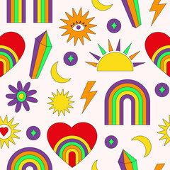 Wall Mural - Colorful seamless pattern of magical elements in groovy retro  style 70s-80s. Trendy vector illustration