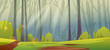 Deep forest with sunny glade, green grass and tree trunks silhouettes. Vector cartoon illustration of summer woods landscape with sunshine beams. Jungle panorama with green lawn
