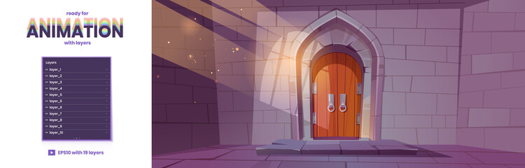 Wall Mural - Wooden doors in medieval castle, dungeon or fortress. Cartoon illustration of ancient interior with stone walls and arch with closed gate. Vector parallax background ready for 2d animation