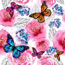 Seamless Background Watercolor Flowers With Butterflies . Vector Illustration
