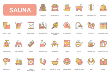 Sauna concept simple line icons set. Pack outline pictograms of stone, thermometer, beauty care, towel, hygrometer, swimming pool, soap, tea and other. Vector elements for mobile app and web design