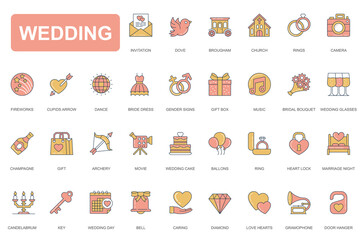 Poster - Wedding concept simple line icons set. Pack outline pictograms of invitation, church, rings, fireworks, cupid arrow, bride dress, gift, music and other. Vector elements for mobile app and web design