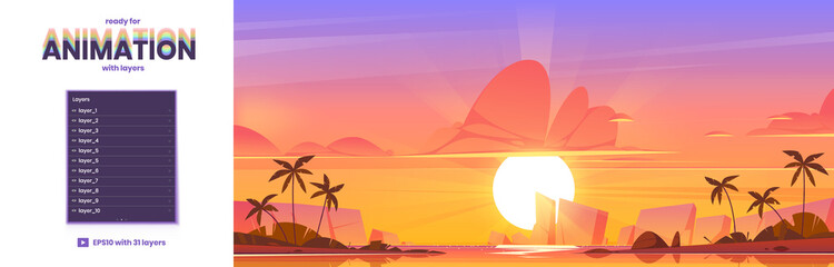 Tropical landscape with sea and palm trees on sand beach at sunset. Vector parallax background ready for 2d animation with cartoon summer scene with lagoon, mountains and sun on horizon at evening