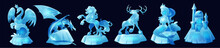 Ice Sculptures Of Animals, Mermaid And Medieval Castle Isolated On Black Background. Vector Cartoon Set Of Blue Statues Of Swan, Dragon, Deer And Horse Made From Snow Block Or Frozen Water