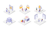 Fototapeta Perspektywa 3d - Set Of Isometric Business People Working In Workspace Statistical Analysis And Management