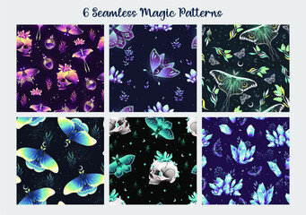 Wall Mural - celestial boho seamless pattern with space, butterfly, moon and stars, skulls and crystals.