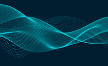 Vector Abstract Wave Design. Futuristic Particle Concept With Blue Dotted Lines And Smooth Low Poly Grid, Oscillating And Floating On Dark Background.