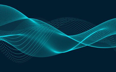 Vector abstract wave design. Futuristic particle concept with blue dotted lines and smooth low poly grid, oscillating and floating on dark background.