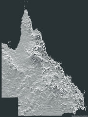 Topographic negative relief map of the Australian state of QUEENSLAND, AUSTRALIA with white contour lines on dark gray background
