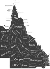 Dark gray flat vector administrative map of local government areas of the Australian state of QUEENSLAND, AUSTRALIA with white border lines and name tags of its areas