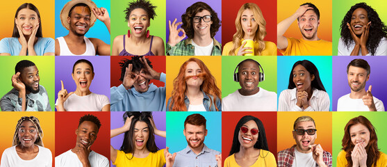 Poster - Multiracial millennial people expressing positive emotions, set of portraits