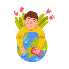 Sticker - Care About Planet with Man Cleaning Green Globe with Sponge as Ecology and Environment Protection Vector Illustration