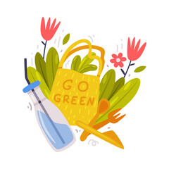 Sticker - Care About Planet with Zero Waste Bag and Bottle Among Green Foliage as Ecology and Environment Protection Vector Illustration