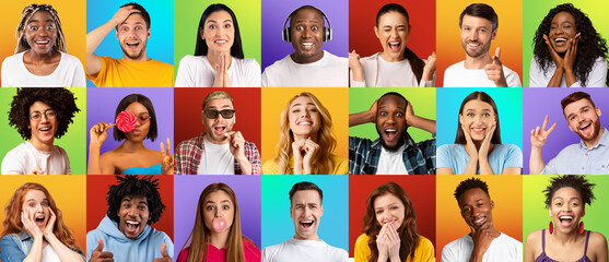 Poster - Happy multiracial millennials gesturing and showing emotions, set of photos