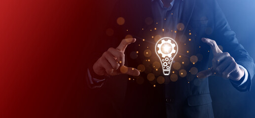 Creative light bulb with marketing network icons planning strategy, analysis solution development, Modern,Innovative of new ideas.Innovation idea knowledge concept.gear icon of inspiration thinking
